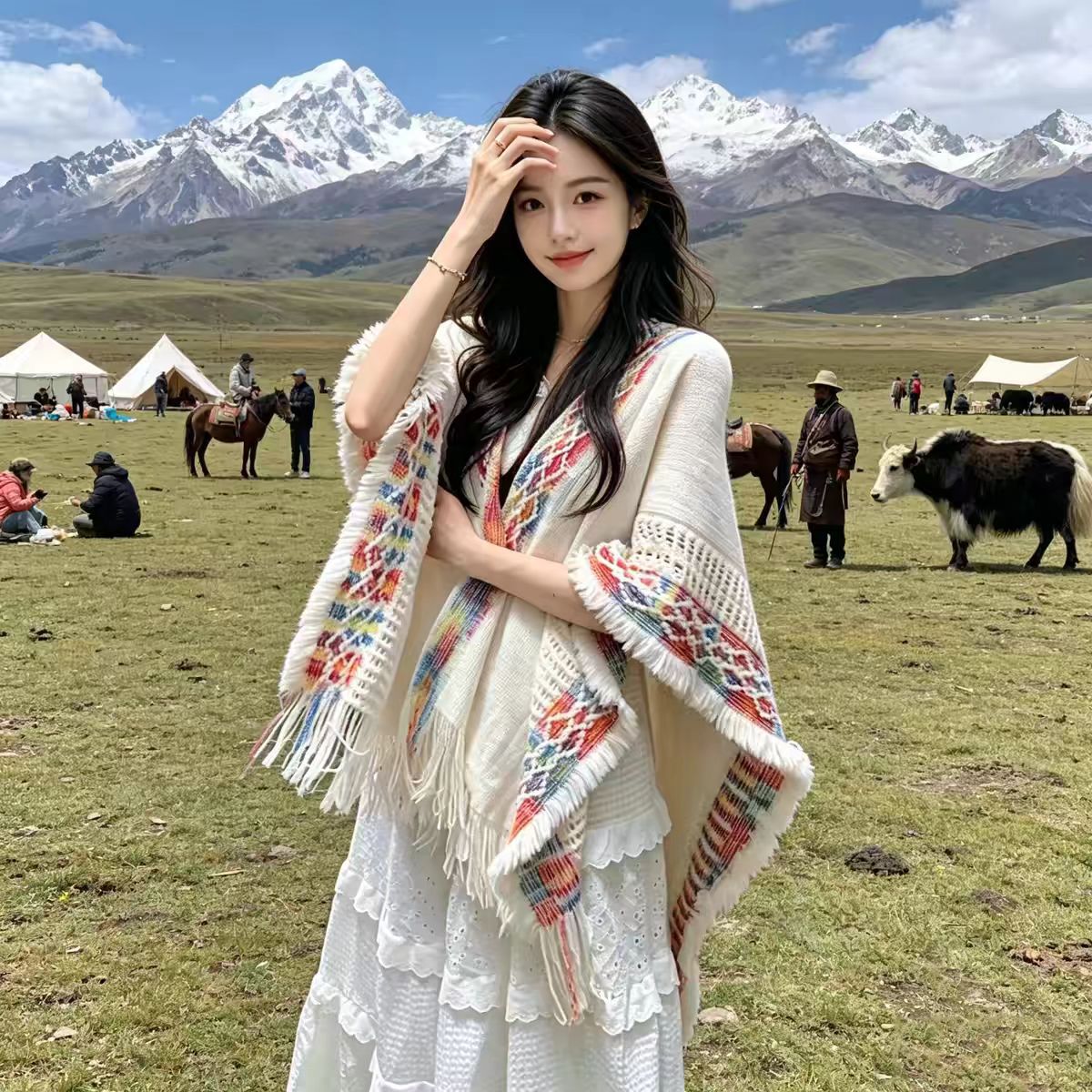 Boho Ethnic Print Poncho Shawl - Ethnic Boho Fashion 评论和价格